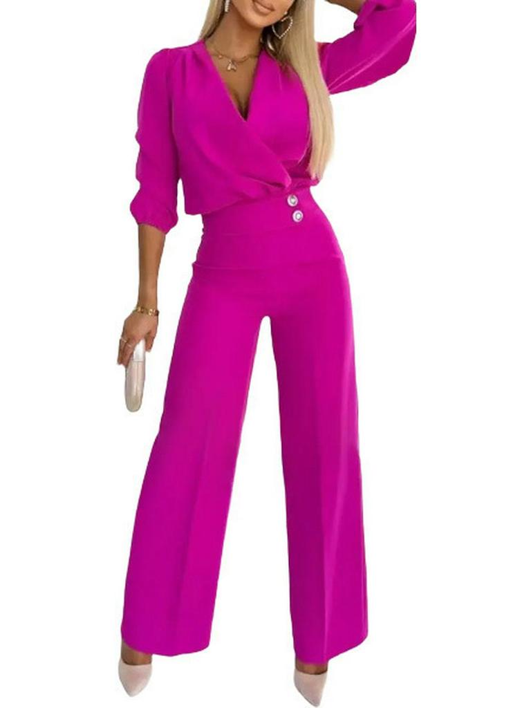 2025 Women's Solid Color V-neck Two-Button 2-Piece Pants Set