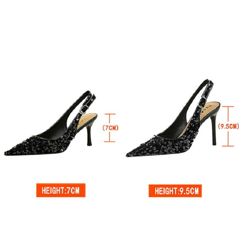Euro-American Style Party High-Heeled Women'S Shoes With Empty Pointy Back Hollowed Out Back Strap Sequin Single Shoes
