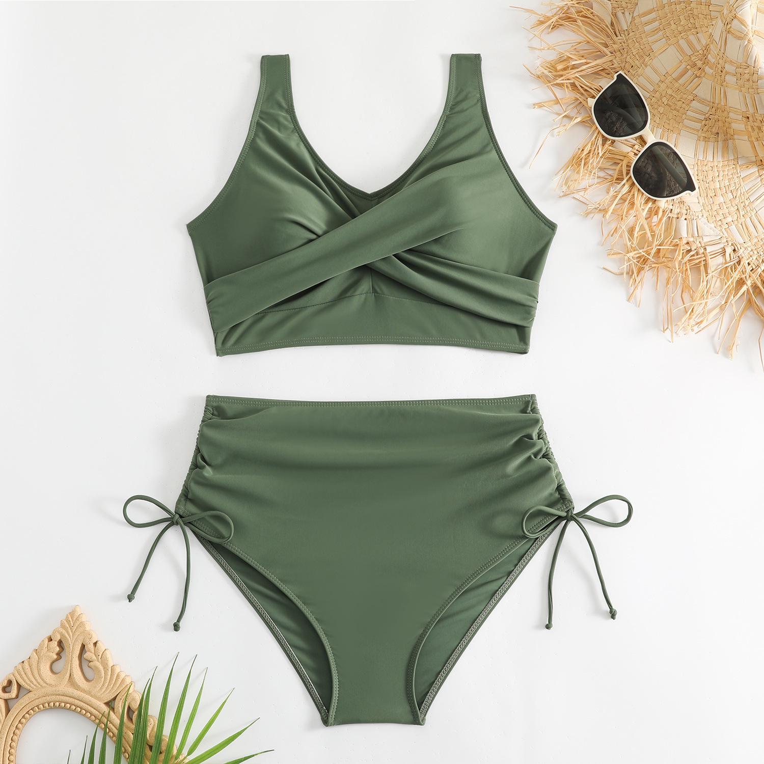 

Женский однотонный купальник бикини с высокой талией и перекрещенными бретелями на спине - Сексуальный, но консервативный дизайн Small