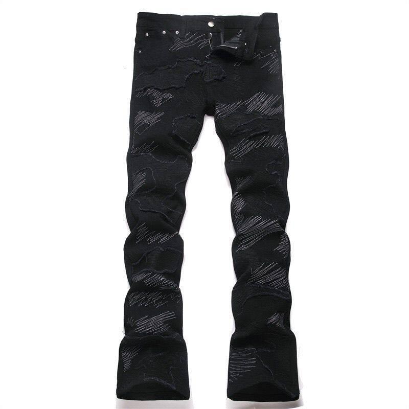 Mens Slim Fit Distressed Denim Jeans With Embroidered Patch Vintage Ink Wash Stretch Cotton Streetwear Style