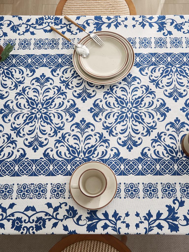 blue flower cotton linen texture tablecloth suitable for living room, coffee table, dining table fabric