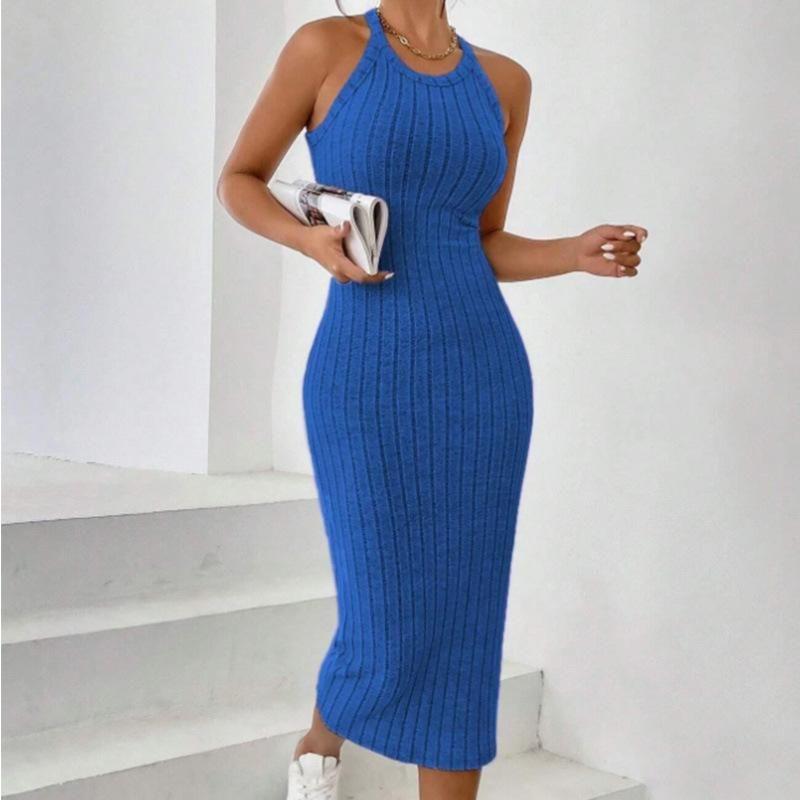 

Women clothes round Neck Solid Vest Sleeve Hanging Neck Dress Knitted Sunken Stripe European and American Blue XXL