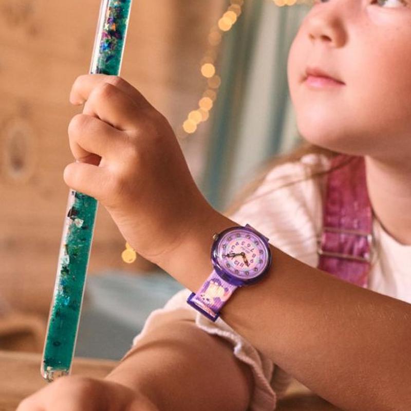 SWATCH Flik Flak Feifei series quartz movement waterproof 30 meters fashion 31.85mm purple dial bio-based plastic case recycled PET strap ZFBNP233