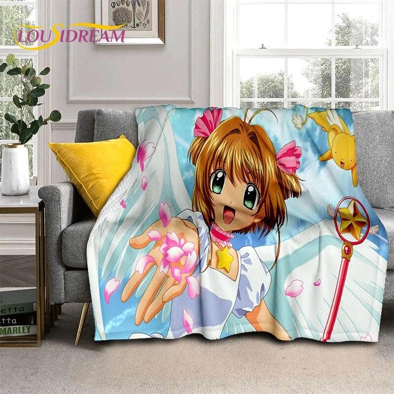 3D Cartoon Captor Anime Cute Card Sakura Blanket,Soft Throw Blanket for Home Bedroom Bed Sofa Picnic Office Cover Blanket Kids