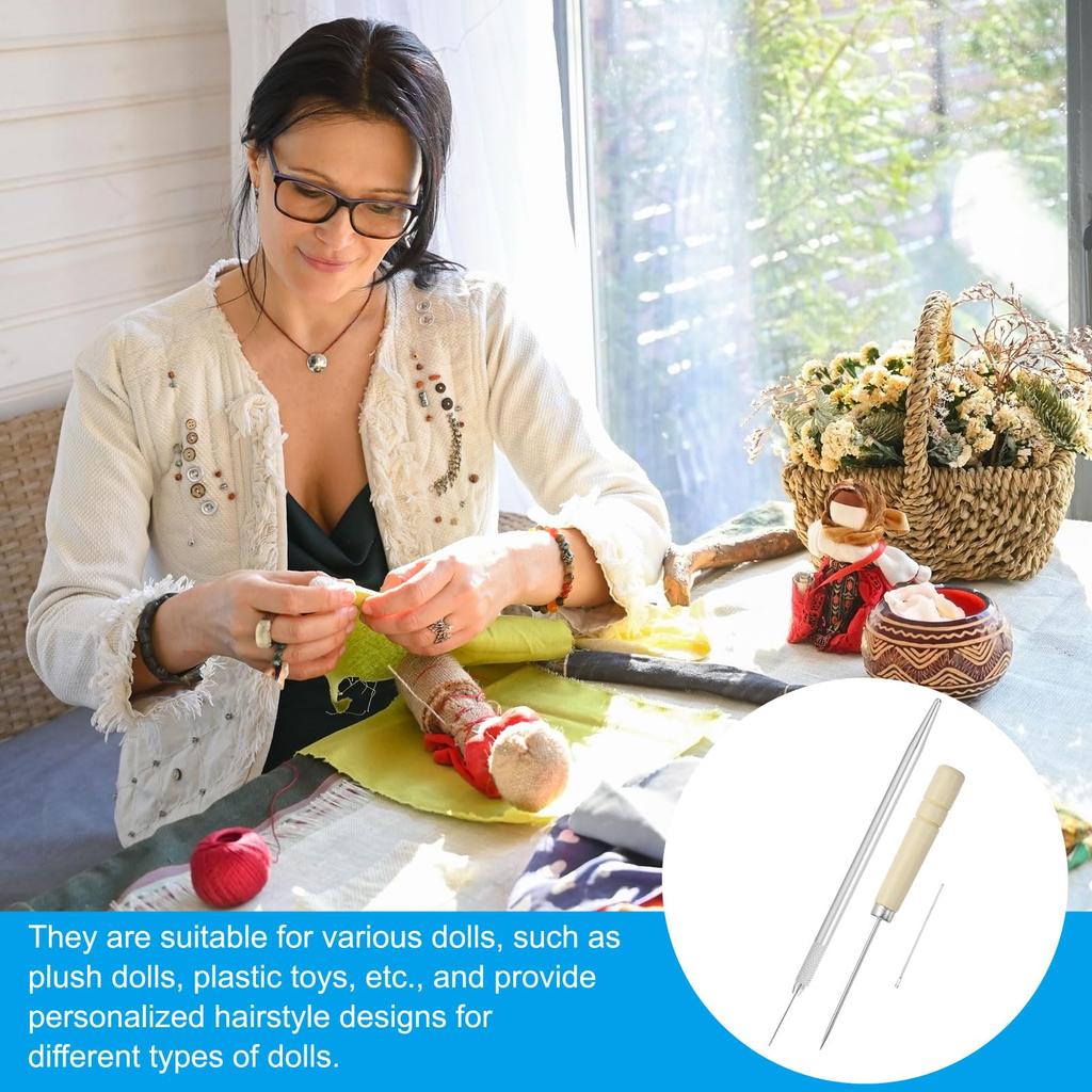 PATIKIL Doll Hair Planting Holder Doll Hair Planting Wooden Crochet Hook with Doll Wig Doll Hair Making Supplies for DIY Silver Tone Kit, 0.6mm