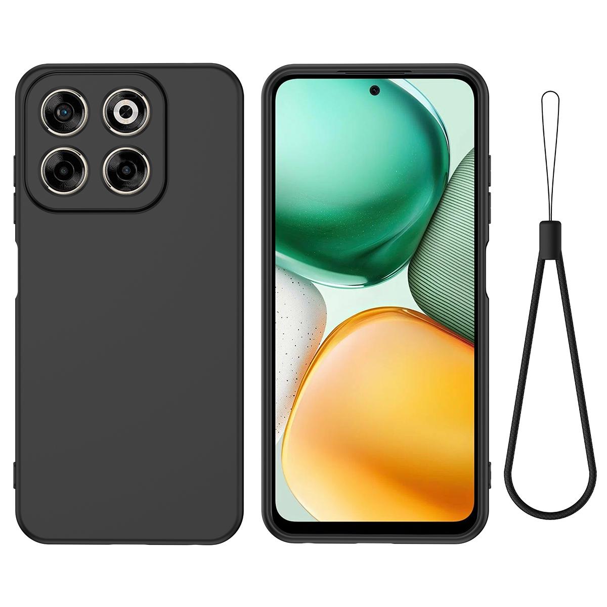 

For ZTE Blade V70 Case Drop Proof Liquid Silicone Soft Lining Back Phone Cover with Hand Strap Black