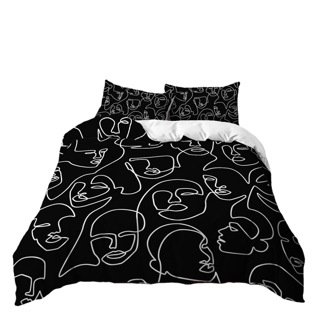 Black And White Simple Bedding Kit Digital Printing Quilt Cover Pillowcase Three-Piece Set