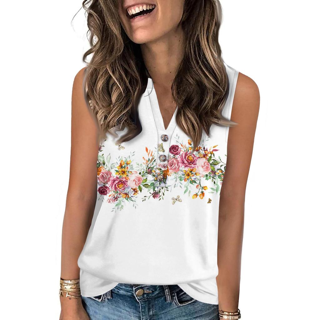 Women's Casual Fashion Summer Vintage Floral Print Tank Top V-neck Sleeveless Button-down Top