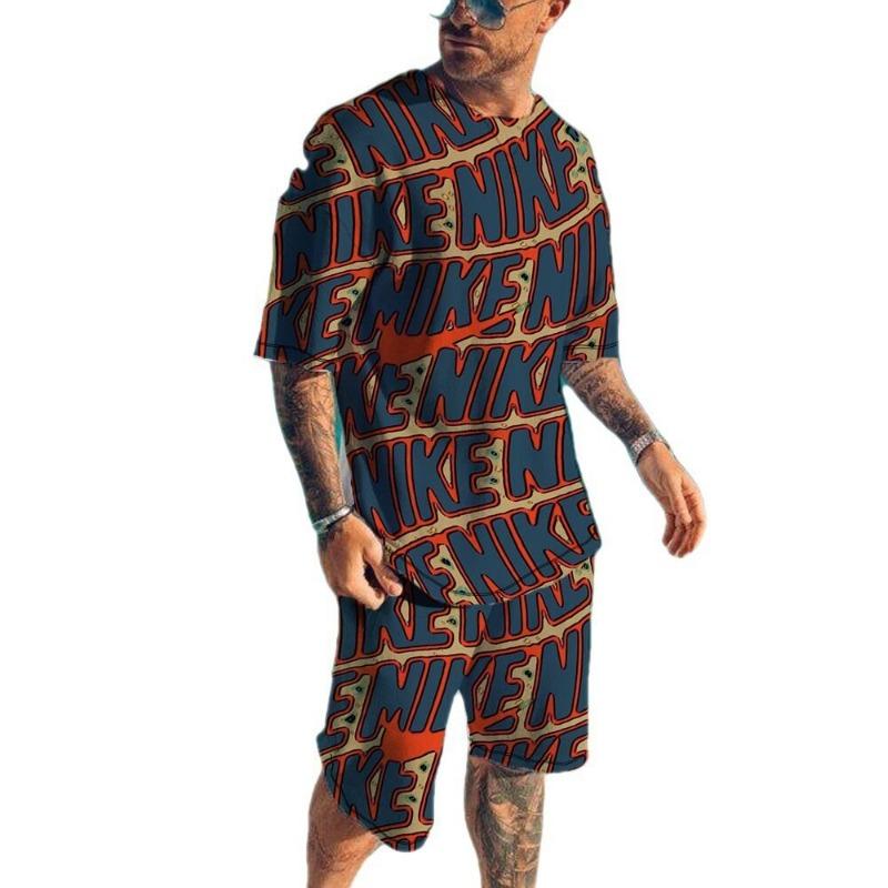 Casual round Neck Sports Suit for Men Printed Leisure Active Wear Short Sleeve Loose Fit Youthful Style Spring Summer Collection