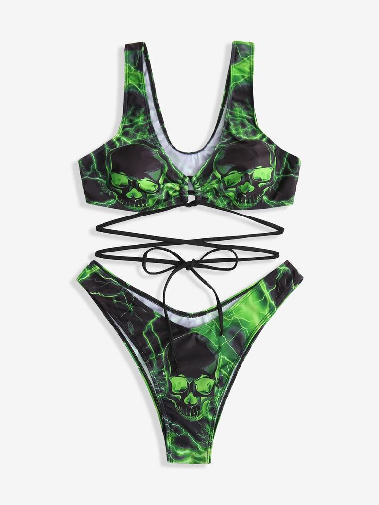 Rosegal Gothic Skulls Lightning Ombre Graphic Print Crisscross Strappy High Cut Bikini Set