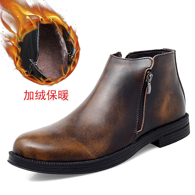Leather Chelsea Boots Men Shoes Warm Shoes Zipper Cowhide Leather Booties Mens Ankle Boots Fashion Ankle Boots Vintage Brogue