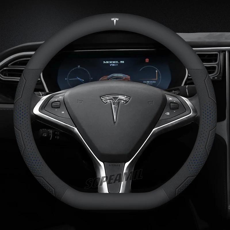 TDMC1 For Tesla Roadster Model 3 Model Y Model S Model X Car Leather Carbon Fiber Anti-Slip Protector Steering Wheel Cover Accessories