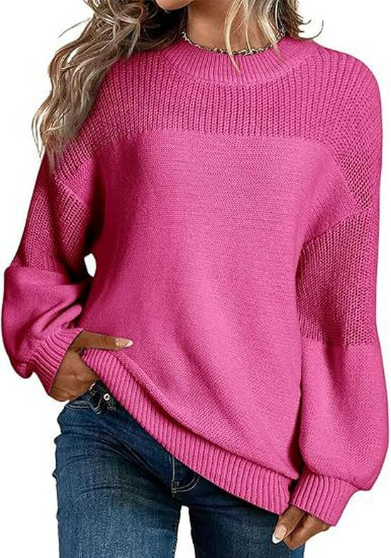 Women's Lantern Sleeve Round Neck Pullover Sweater