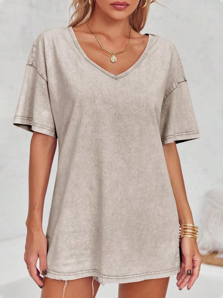 Womens Cotton V Neck T Shirt Short Sleeve Oversized Boyfriend Tunic Tee