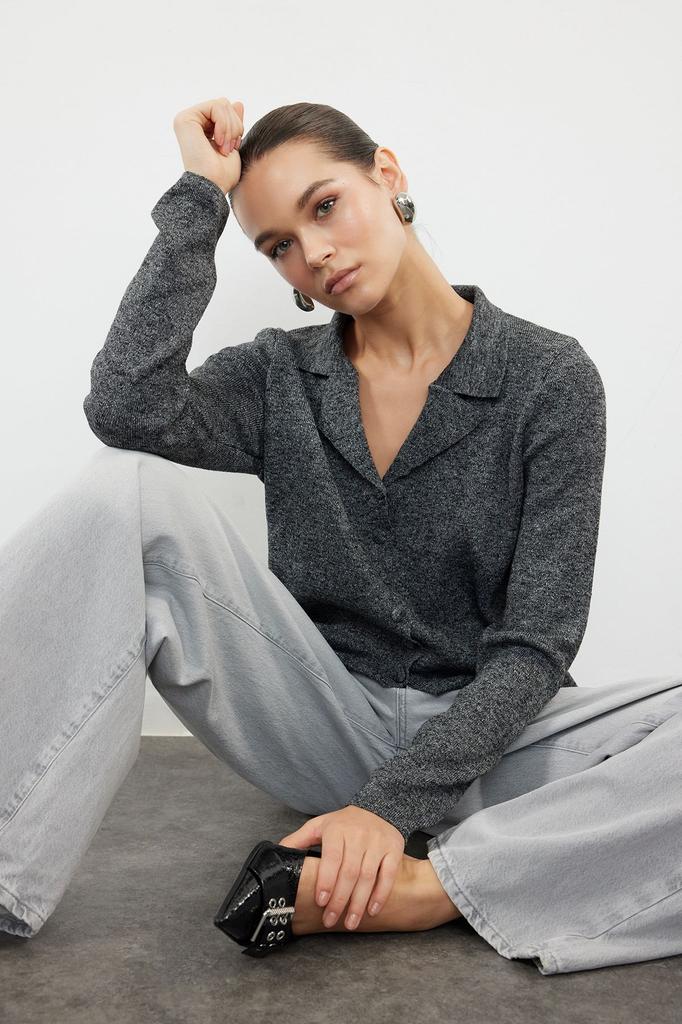 Women's Elegance Style Cardigan Mink Polo Collar Knitwear Cardigan