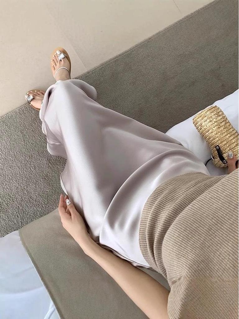 Champagne Satin Fishtail High-End Silk Skirt for Women - Summer 2025
