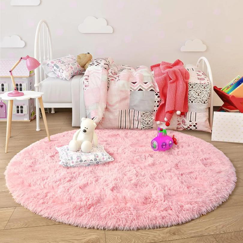 Pink Round Carpet Fluffy Soft Area Floor Mat Children Girls Room Princess Castle Plush Carpet Living Room Home Decor