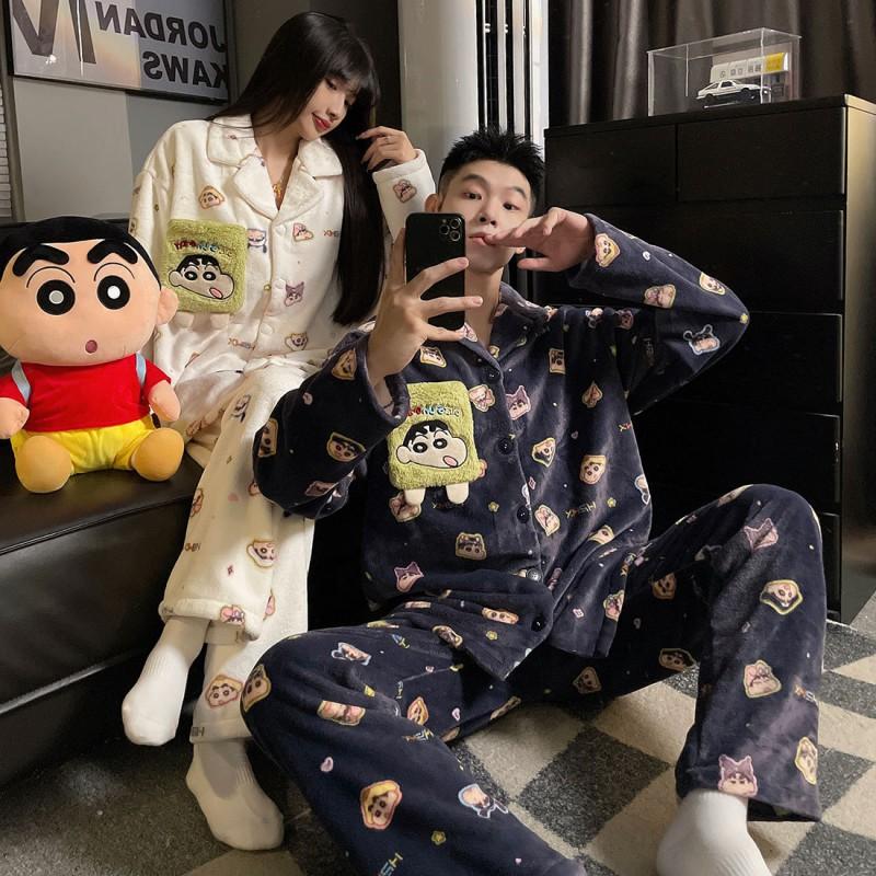 Thick Flannel Pajama Set Couples Cartoon Design Warm Sleepwear Long Sleeve Home Loungewear