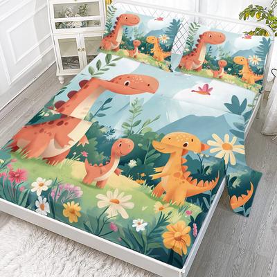 Dinosaur Garden 4-Piece Bed Sheet Set, Including 1 Flat Bed Sheet, 1 Extra-Large Bed Sheet, 2 Pillowcases (Funny, Children)