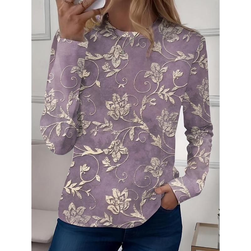Women's Casual T-shirt 3D Printed  Flower Print Round Neck Retro Elegant Long Sleeves Women's Fashion Pullover Long Sleeve Tops