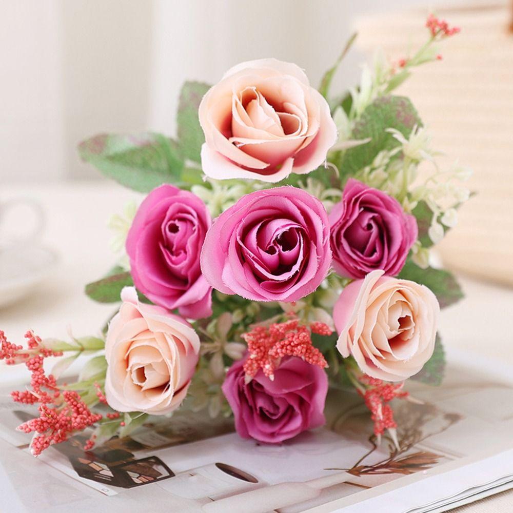 7 Köpfe 32cm Künstliche Eukalyptus Rose Rosa Blumengesteck Blumenstrauß Brautsträuße Kunstblumen Partyzubehör