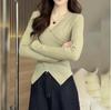 Korean Irregular V-Neck Long-Sleeve T-Shirt for Women, Autumn Petite, Sweet and Slimming Waist-Cinched Base Layer