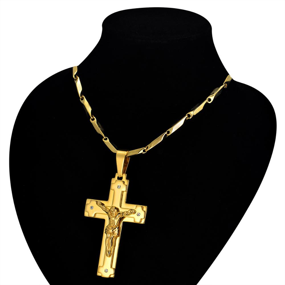 Pendente Croce Grande Cristo Gesù Religioso Colore Oro Acciaio Inossidabile Collana Crocifisso Cristiano per Uomo Gioielli Regalo Maschile 2025