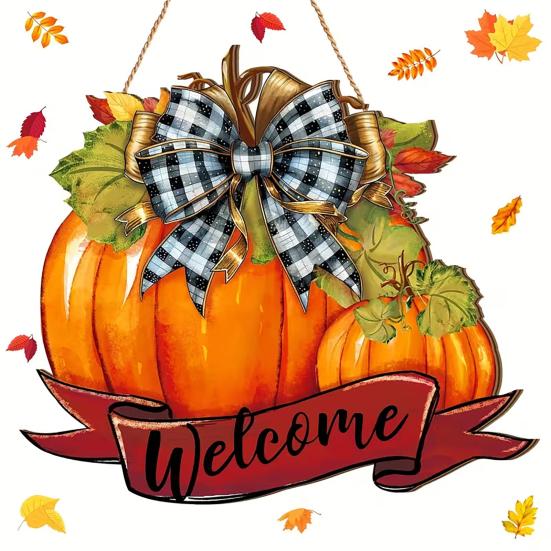 High-definition Printed Pumpkin Fall Welcome Sign, Thanksgiving Door Hanger, Wooden Decor Solid Wood Hanging Porch Sign for Autumn Harvest Farmhouse