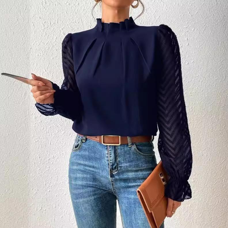 

Autumn and Winter Pure Color Half High Collar Symmetrical Folding Stitching Wave Pattern Lotus Leaf Long Sleeve Top Female XS рожевий