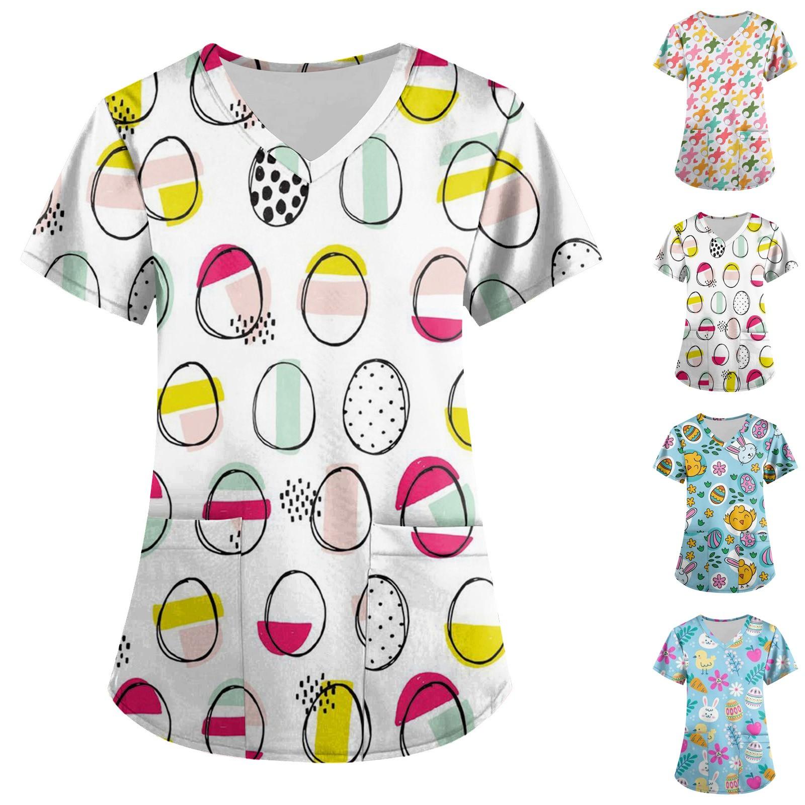 

Женская мода Пасхальный принт с короткими рукавами и v-образным вырезом Рабочая блузка с карманами