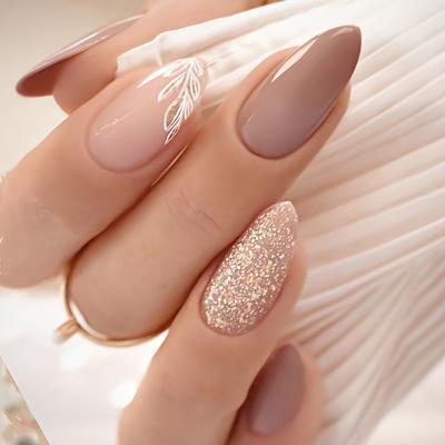24 ks Glam Súprava nalepovacích nechtov mandľového tvaru - Jarný/letný refresh s listovými a trblietavými akcentmi, Falošné nechty s plným krytím pre ženy a dievčatá