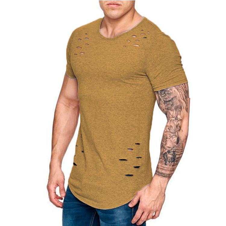 DC-HOME-3 Zomer T-shirt Heren Mode Gat Distressed Fitness T-shirt Korte Mouw Effen Slim Fit Hip Hop T-shirt Yasheng 2XL kaki