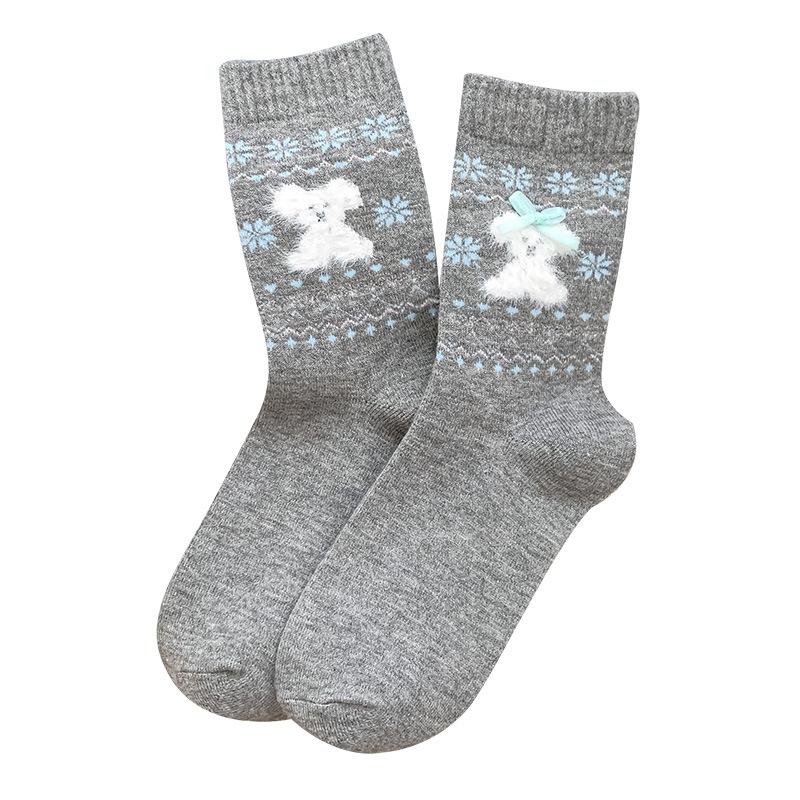 Fall/Winter Gray Warm Fleece Socks - Children's Color-Contrasting Butterfly Knot Mid-Calf Socks with Hollowed-Out Hemp Patterned Layers for Women