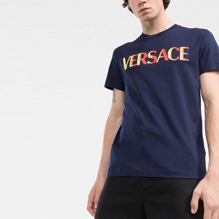 VERSACE SS23 Logo Embroidery Crew Neck Pullover Short Sleeved T Shirt Men's Blue 1003982-1A02828-1U830