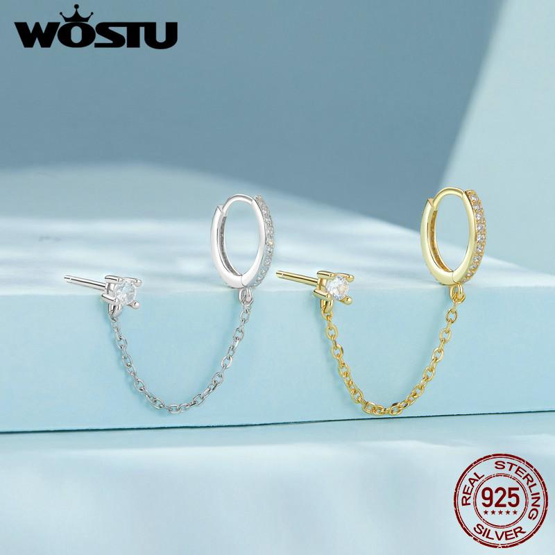 WOSTU 925 Sterling Silver Wedding Zircon Ear Stud Clip For Women Simple Shiny CZ Ear Buckle Earrings Party Pendiente Accessories