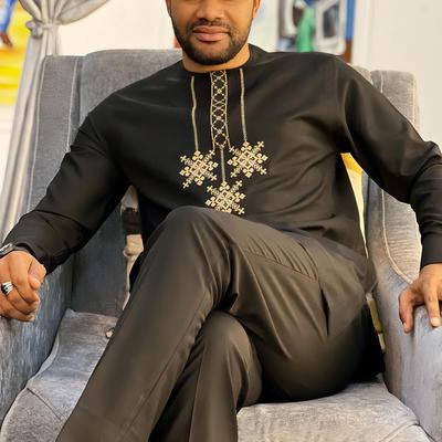 2024 African Ethnic Men's Embroidered Shirt & Drawstring Pants Set