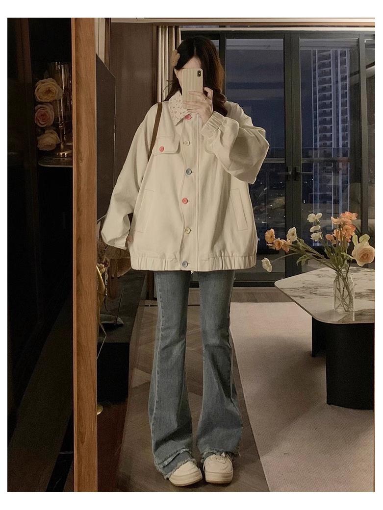 

Женская милая куртка с цветочным принтом и отложным воротником: Осень 2025 Универсальный свободный модный топ на пуговицах L абрикосовый