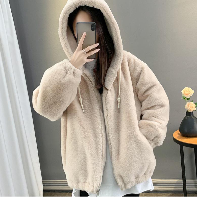 Imitacja leniwego futra królika damska średniej długości luźna kurtka zagęszczony płaszcz z wełny jagnięcej z kapturem ciepły pluszowy płaszcz zimowy