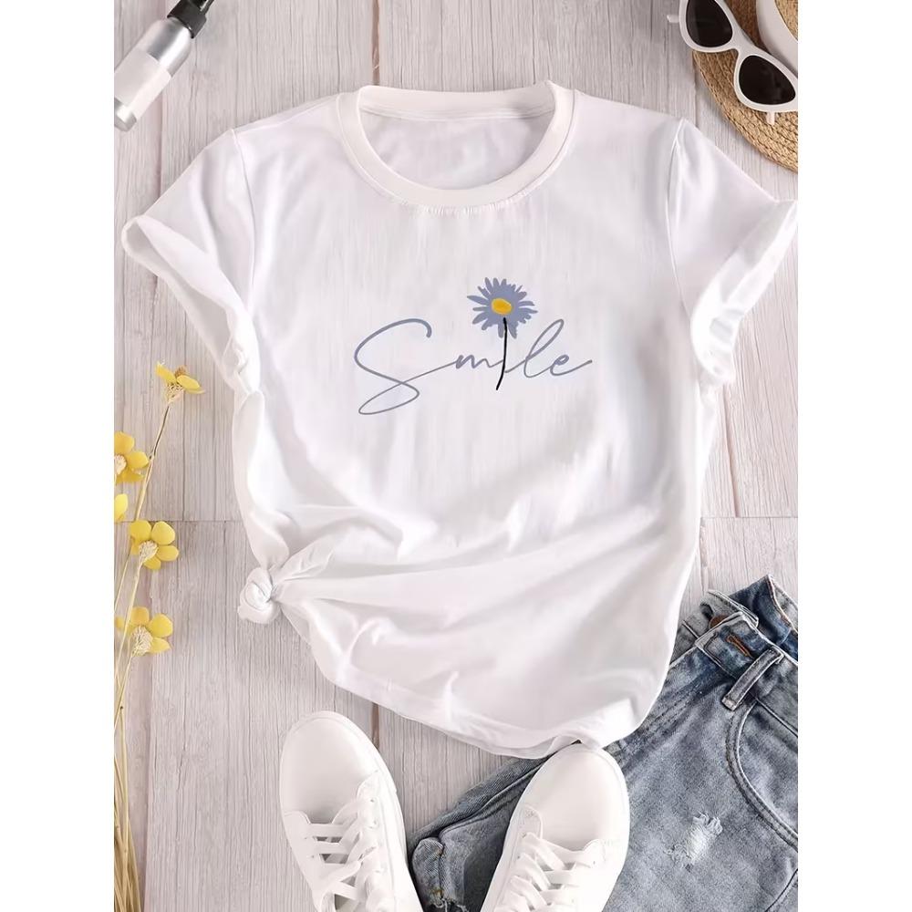 Cute Flower & Letter Print Casual T-shirt Durable Plus-size Casual T-shirt Daily Commute Travel Fashion Streetwear