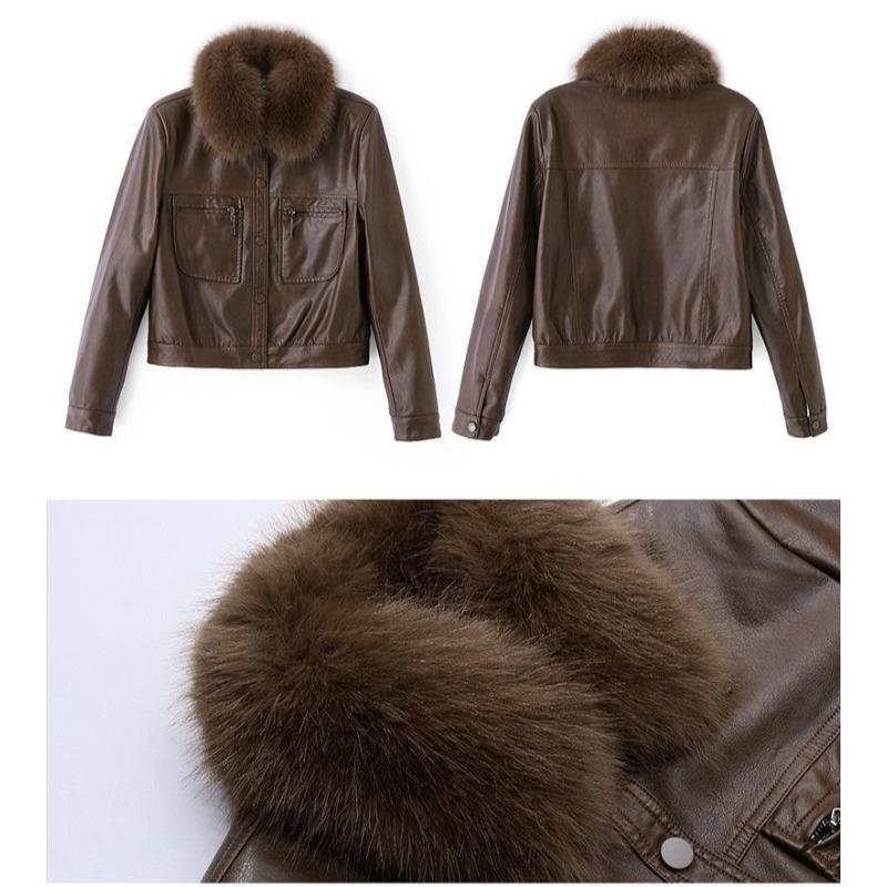 Damenmode Kurze PU-Lederjacke Winter Verdickter Warmer Mantel mit Kunstfellkragen Knopfverschluss