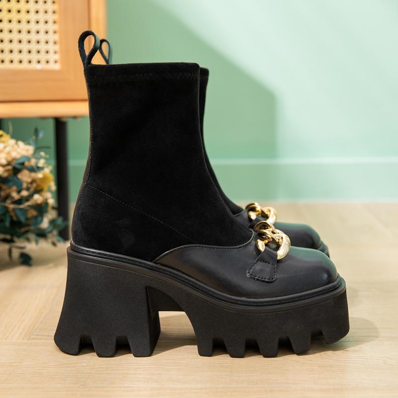 Fashion Women's High Heel Boots Large Size Fashion Stretch Platform Women's Short Boots Suede Leather Chain Women's Booties