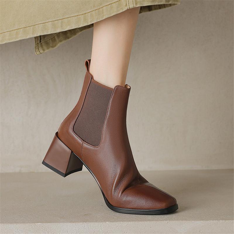 Fashion New Autumn Winter Cow Leather Women Boot Fashion Short Boots Square Toe Chunky Heel Boots for Women Large Size High Heels