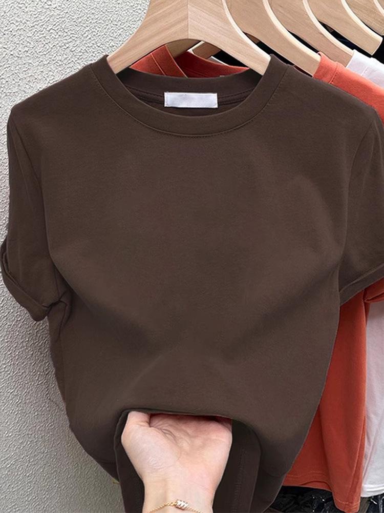 2026 Fashionable Women's Coffee Cotton Brushed Short-Sleeve T-Shirt - Versatile & Age-Reducing for Spring, Summer, Autumn