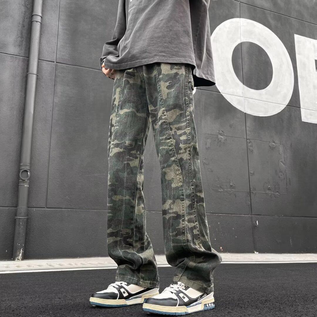 

Unisex American Retro Camo Jeans - High Street Style, Spring/Autumn Trend, Casual Straight Leg Versatile Pants. XL: Height 155-165CM (60.5kg-65.5kg)