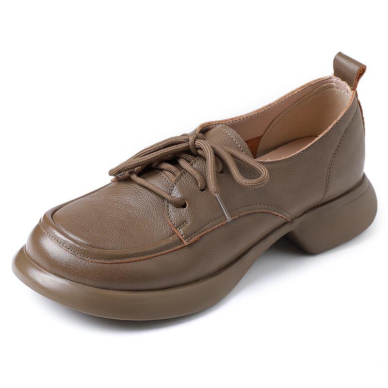 Fashion GKTINOO Platform Shoes Women Genuine Cow Leather Round Toe Sewing Lace-Up Chunky Sole Ladies Low Heels Shoes Handmade Plus Size