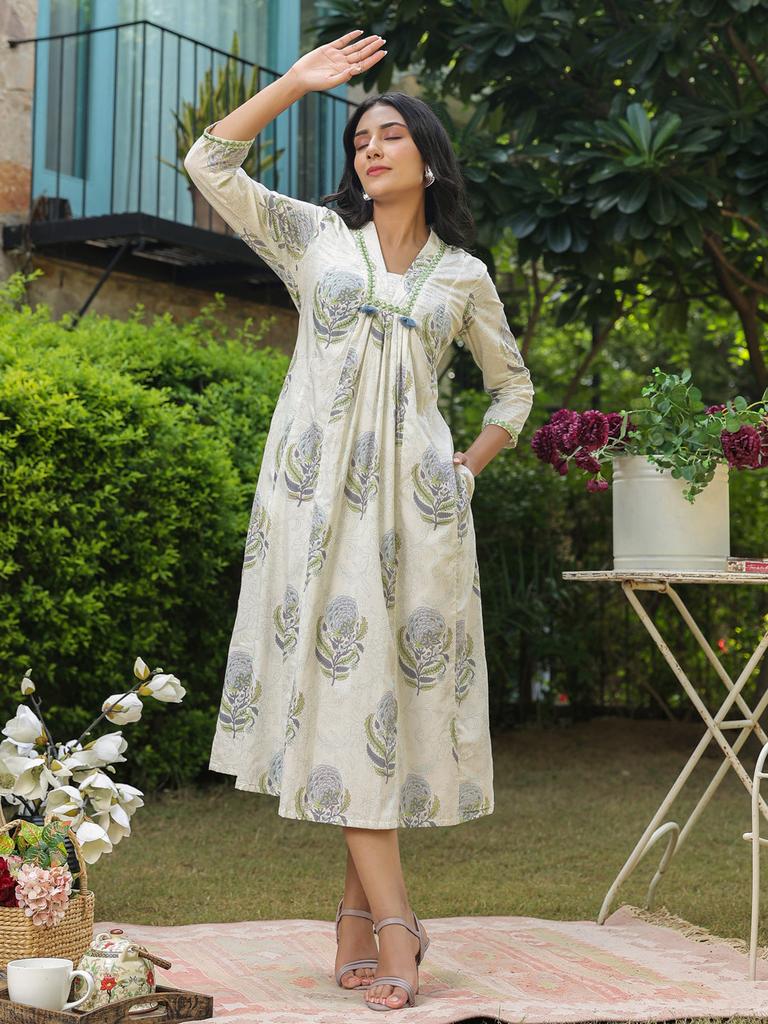 Rochie imprimată manual cu blocuri| Rochie cu imprimeu bloc| Rochie albă cu imprimeu floral| Rochie de toamnă| Cadouri pentru ea| Rochie de bumbac cu buzunare Făcută manual în India