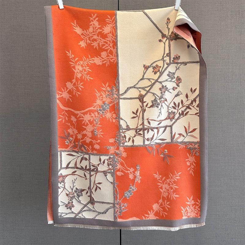 Autumn new splicing contrasting colors plant flower printing scarf women's fashion versatile warm scarf retro big shawl