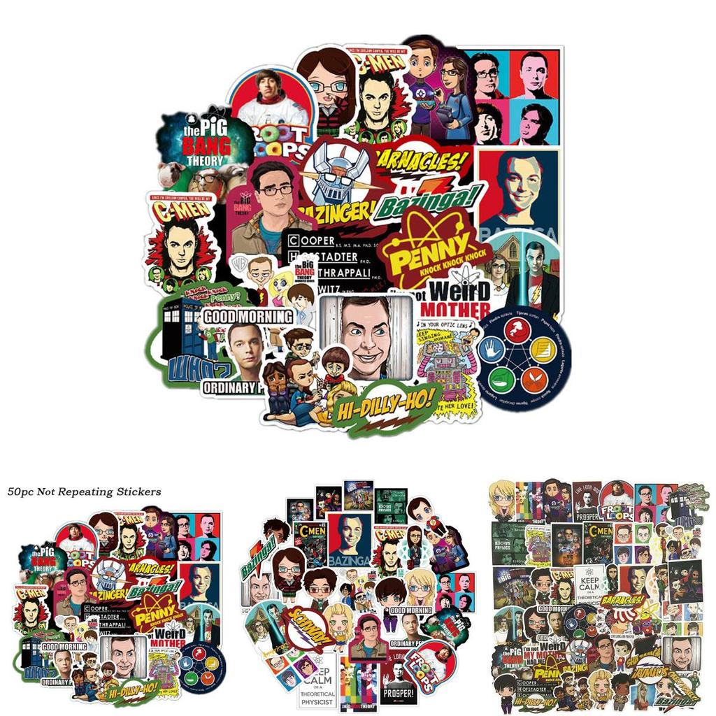 Set di Adesivi Cartoon The Big Bang Theory Cinquanta Pezzi Impermeabili e Resistenti al Sole Decalcomanie per Valigia Auto Laptop Quaderno