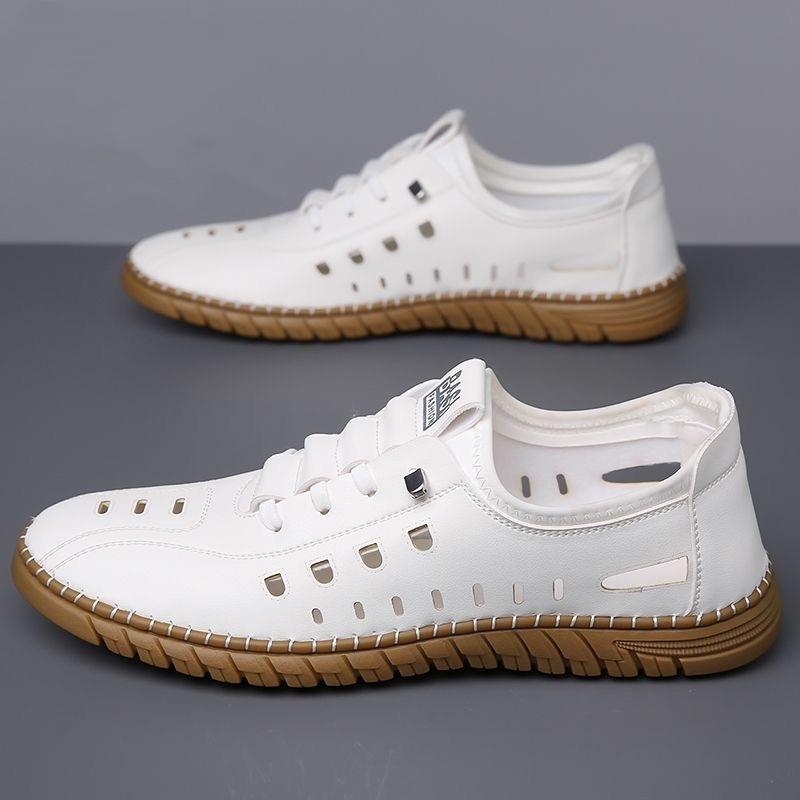 Hollow casual leather shoes men's summer new breathable mesh hole shoes one foot flat shoes men