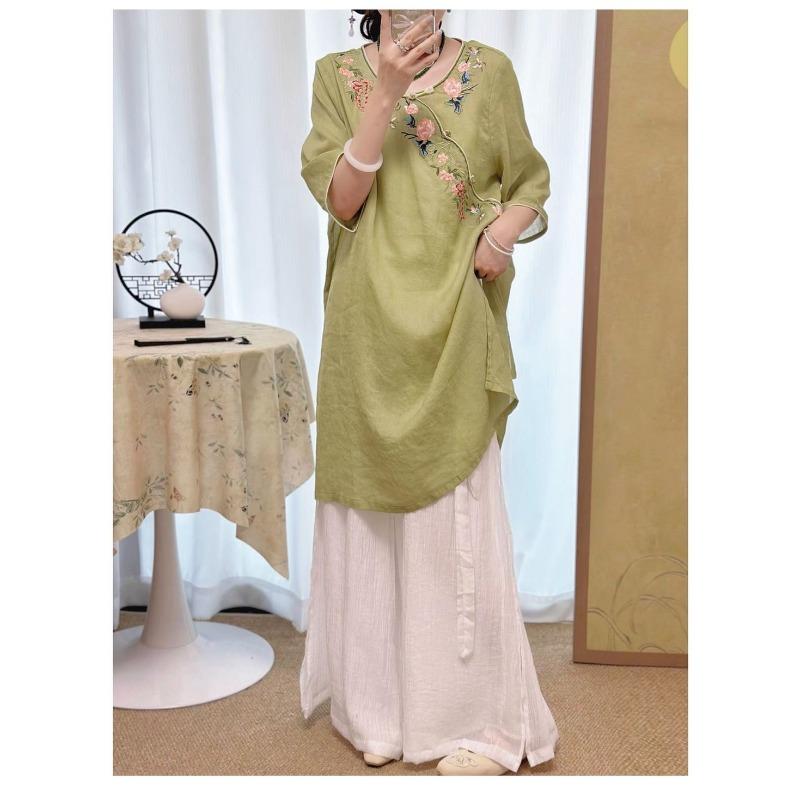 Women New Chinese Style Floral Embroidery Linen Dress Round Collar Frog Button Three-quarter Sleeve Casual Loose Fit Midi Dress